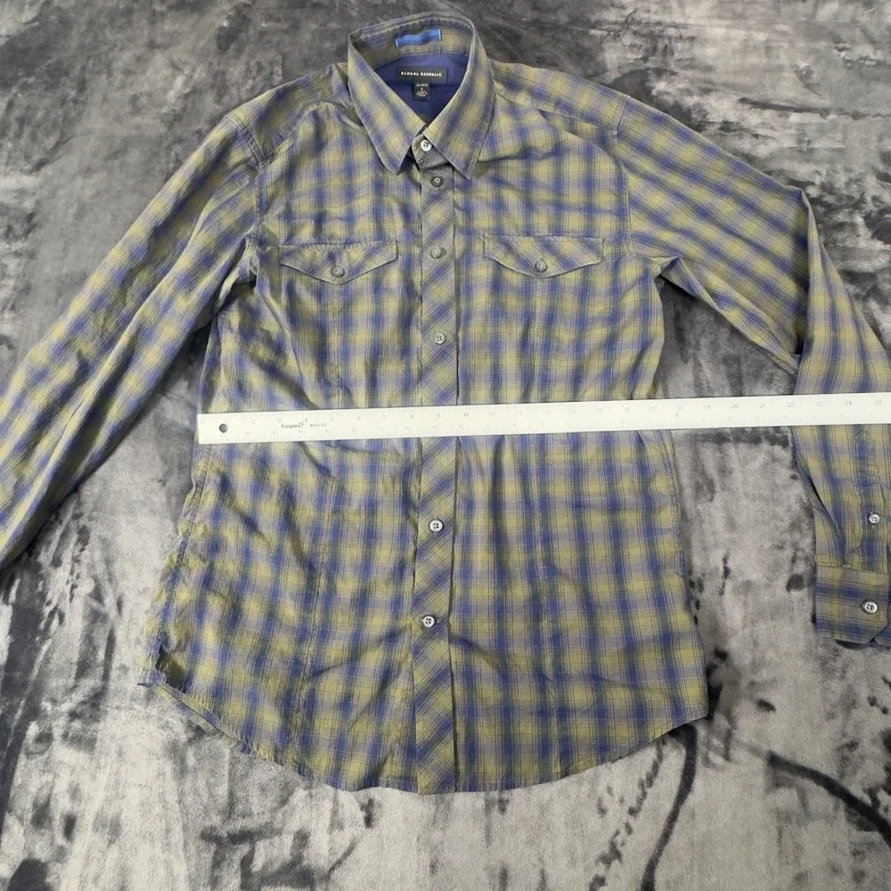 Banana Republic Button‎ Down Shirt Mens S Blue Olive Plaid Stretch Long Sleeve